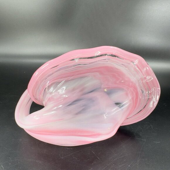 Vintage Sooner Glass Hand Made Pink Swirls Dish Bowl With Handle Basket Handmade - Picture 7 of 14